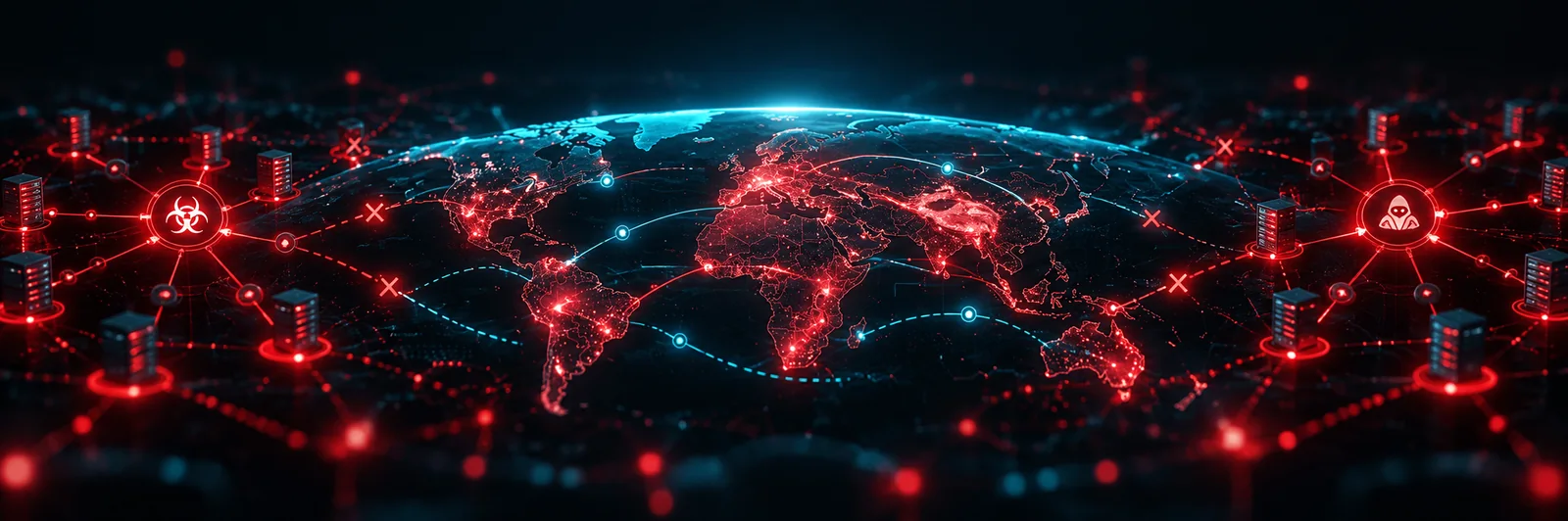 A globe with malware networks, severed connections, and research observation paths