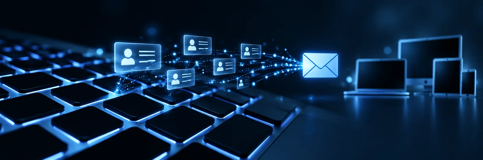 A blue-lit keyboard with identity records flowing through email to connected devices