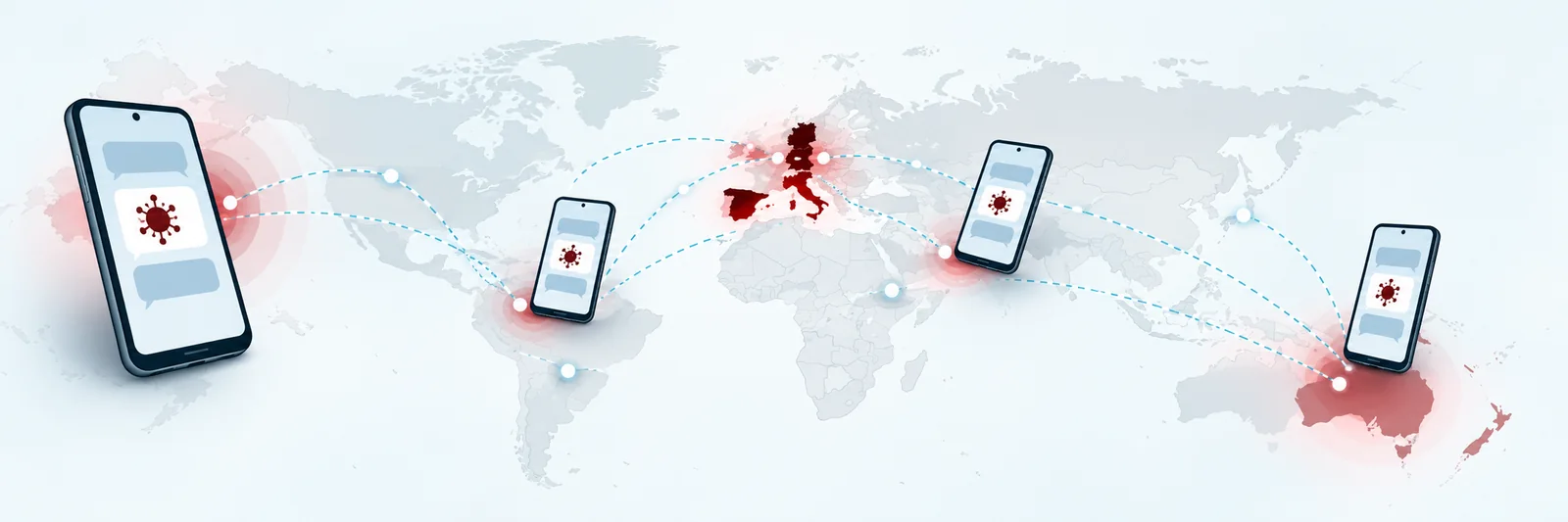 SMS-linked phones beside a map highlighting Europe and Australia