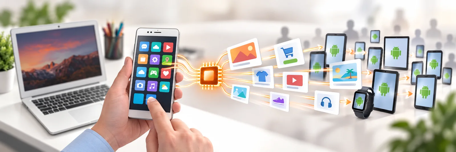 Phone applications linked through an embedded chip to advertisements and many devices