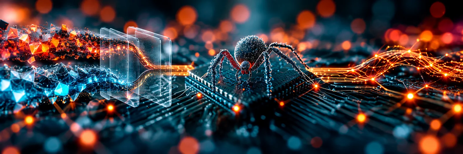 A metallic spider on a chip beside encrypted fragments and exposed circuit paths
