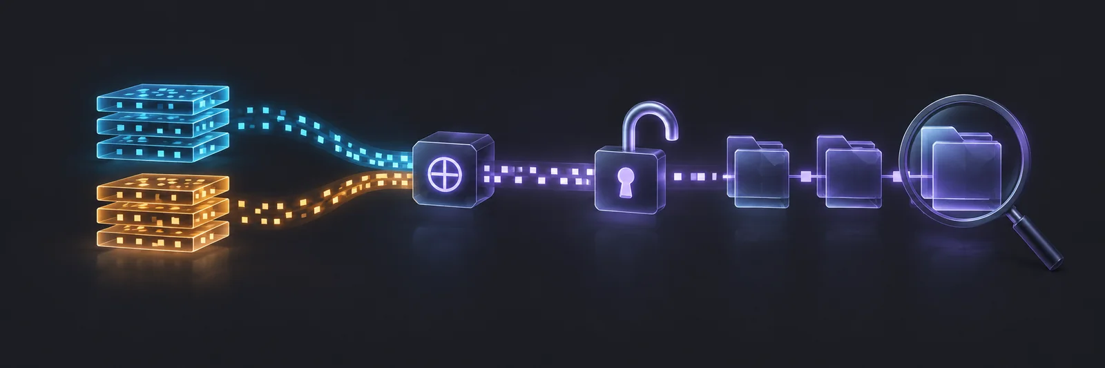 Two memory stacks combining to unlock hidden data inspected through a magnifying glass