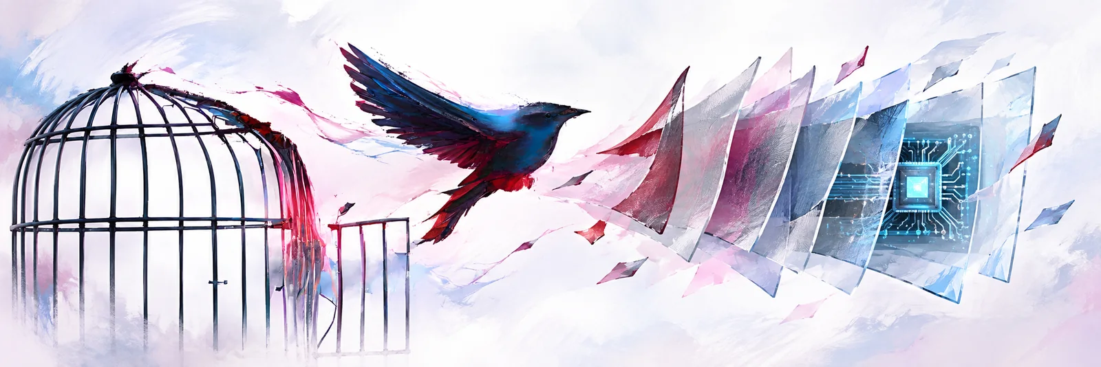 A bird escaping a cage beside layers opening to reveal a circuit core